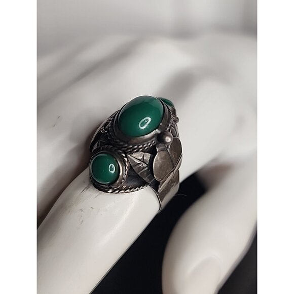 TAXCO 925 Sterling Silver Green Onyx Adjustable Poison Secret Ring jade Vintage - Picture 4 of 10